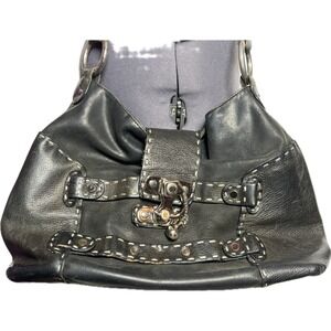Vtg Y2K BCBG Black Hobo Bag Whipstitch Grunge Rockstar Shoulder Bag DAMAGED